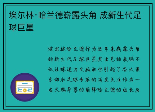 埃尔林·哈兰德崭露头角 成新生代足球巨星